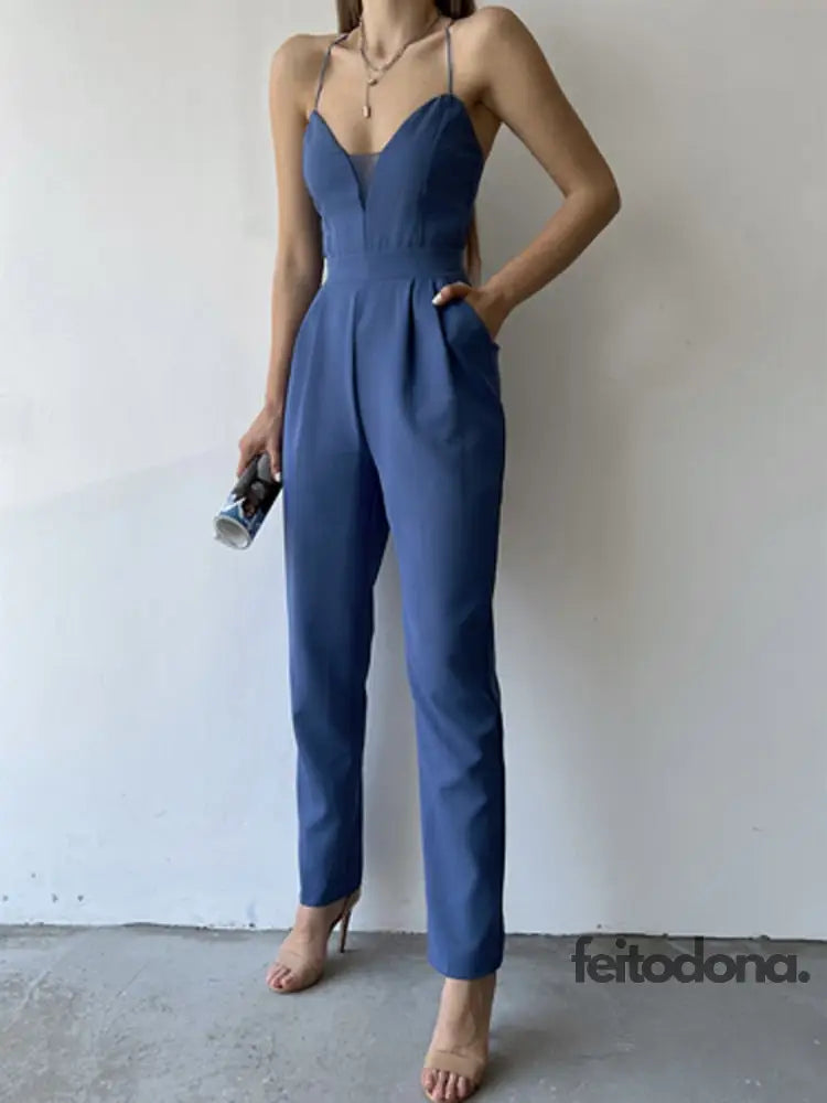 Sexy Off Shoulder Backless Slim Romper Ladies Fashion V Neck Sling Women Jumpsuit Elegant Pocket