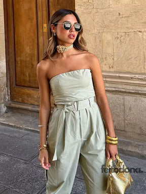 Sexy Strapless Jumpsuits With Belt For Women Causal Solid Sleeveless Wrapped Chest 2023 Summer