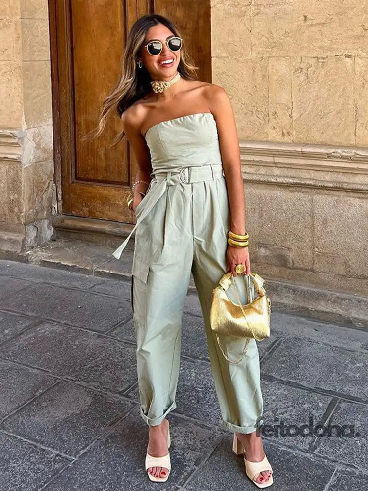 Sexy Strapless Jumpsuits With Belt For Women Causal Solid Sleeveless Wrapped Chest 2023 Summer