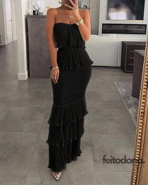 Sexy Dress Hot Women Chest Wrapping Summer Ruffled Ruched Hem Slim Sleeveless Pullover Long Dresses